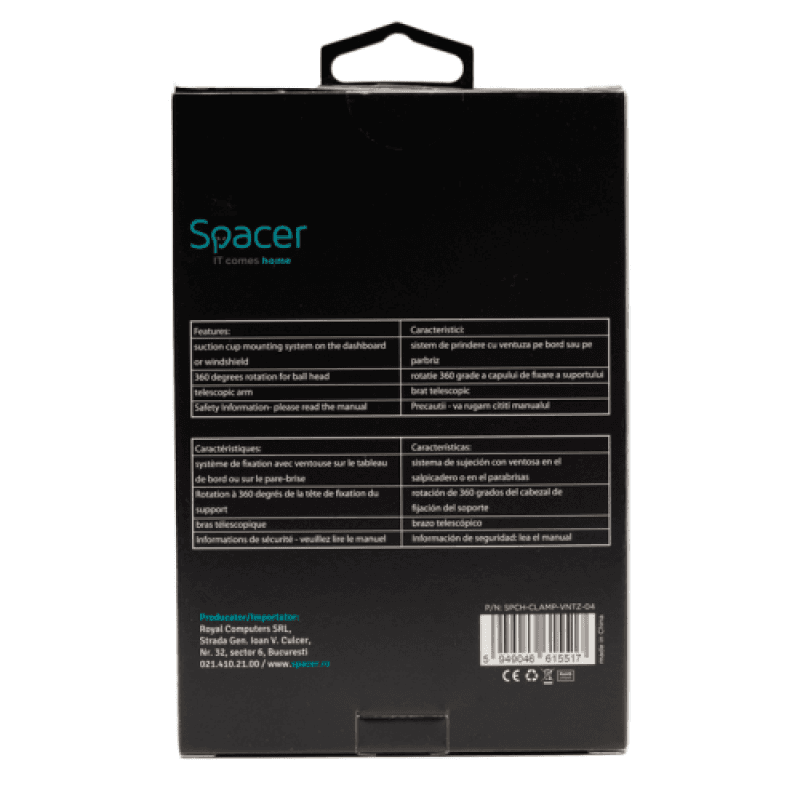 Suport auto SPACER pt. SmartPhone, fixare pe bord sau geam prin ventuza, brat telescopic, sistem auto-lock