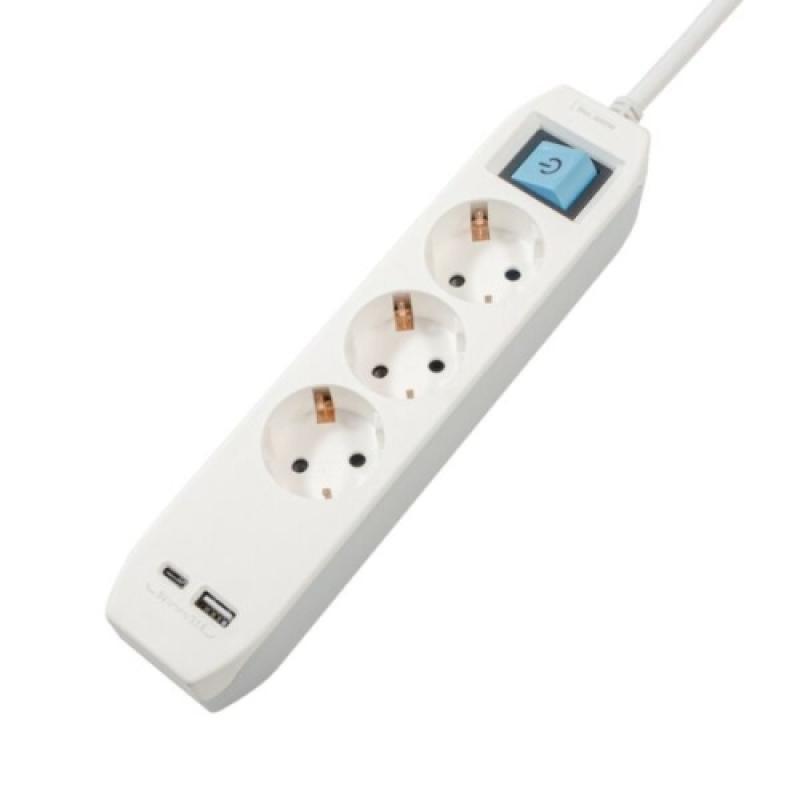 PRELUNGITOR SPACER, Schuko x 3, conectare prin Schuko (T),Type-C x1, USB x 1, 3.1A, cablu 1.8m, 16 A, max. 3500W