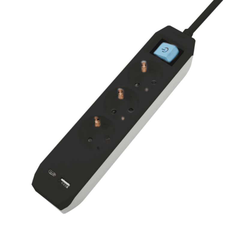 PRELUNGITOR SPACER, Schuko x 3, conectare prin Schuko (T),Type-C x1, USB x 1, 3.1A, cablu 1.8m, 16 A, max. 3500W