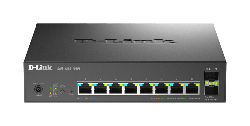 Switch D-Link DMS-1250-10SPL, 8 porturi Gigabit, 2 porturi SFP+, Protocol 802.3bt+802.3af/at, rackabil