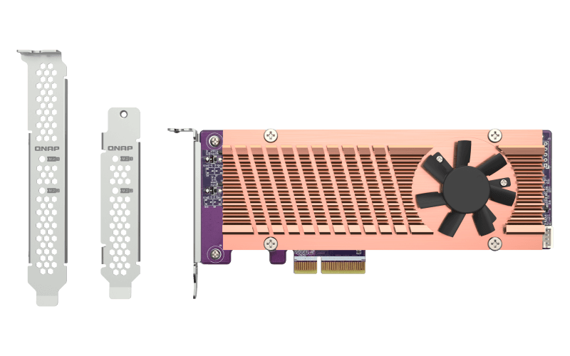 Qnap Dual M.2 22110/2280 PCIe NVMe SSD expansion card Connector: 2 x M.2 22110 or 2280 PCIe (Gen3 x 4) NVMe SSD slots
