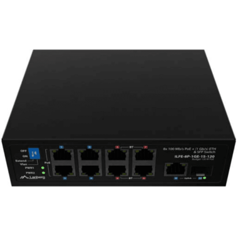 Switch Lanberg ILFE-8P-1GE-1S-120, 1x 1000BASE-T, 1x 1000BASE-X SFP, 4x 100BASE-T 802.3af/802.3at PoE+