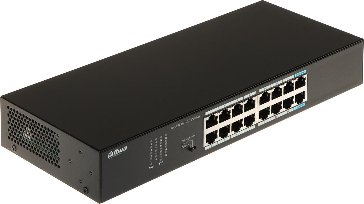 Switch Dahua 16 porturi Unmanaged, S3016-16GT, Interfata: 14 x 10/100 Mbps, 2x uplink, Capacitate: 32 Gbps