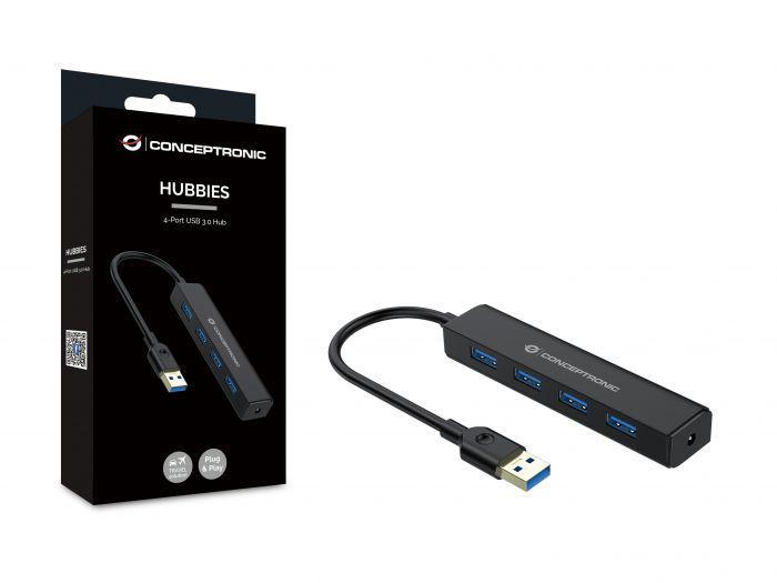 Hub USB Conceptronic 4-Port USB 3.0 Hub, USB-A, 4 porturi, Negru