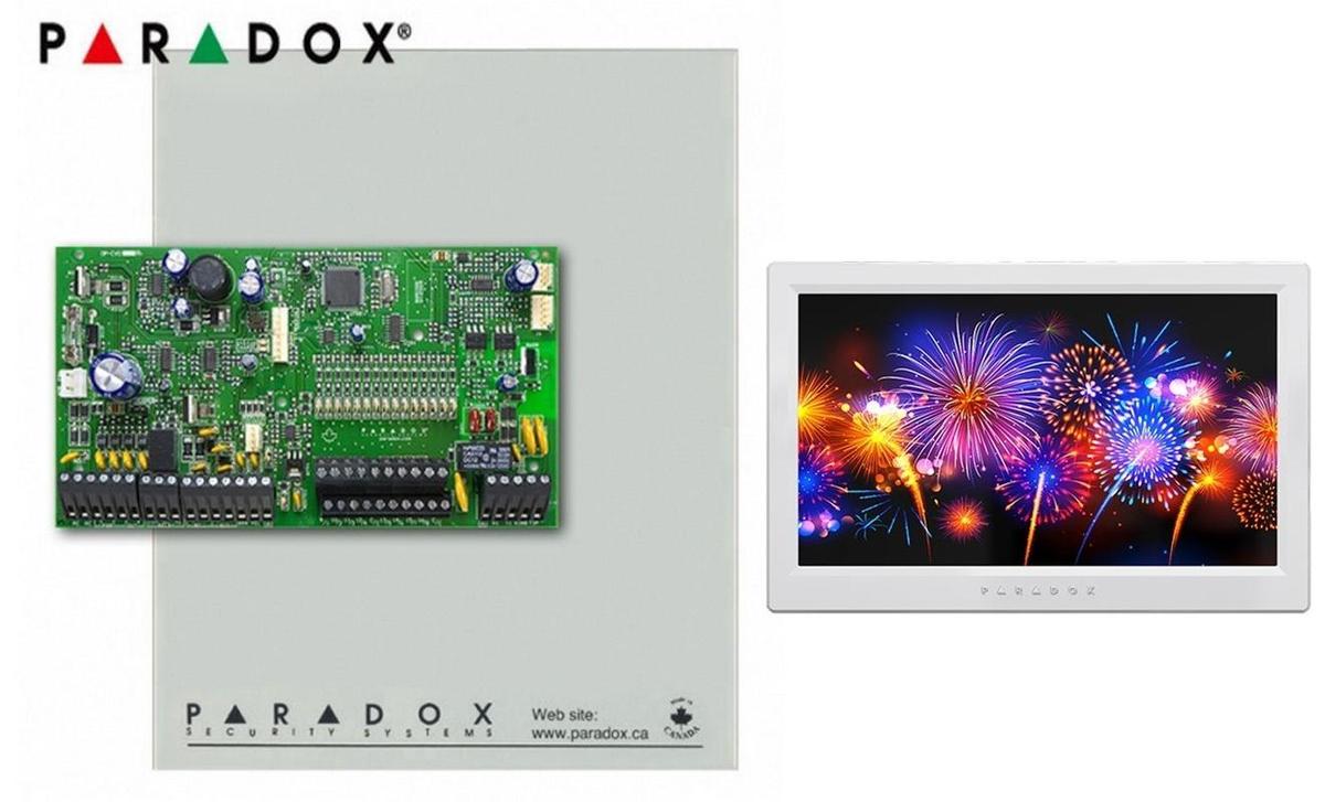 Centrala Paradox SP5500+ cu cutie cu traf si Touch Screen TM70 cu licenta; 5 intrari de zona sau 10 cu ATZ