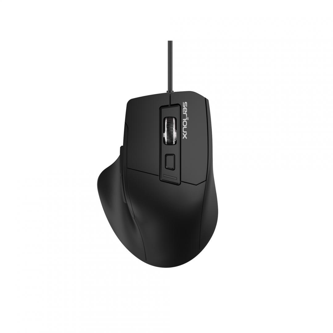 Mouse optic cu fir Serious USB 6D, Culoare neagra, Design ERGO Complet negru cu capac superior din cauciuc