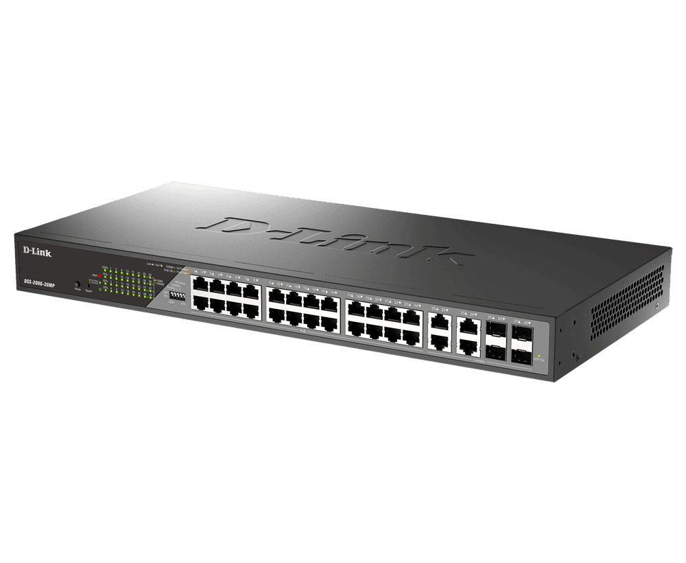 D-Link Switch DSS-200G-28MP,24 x 10/100/1000 Mbps PoE, 4 x Combo 1000 Mbps, Switching Capacity:56 Gbps