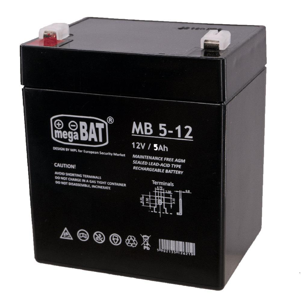 Acumulator VRLA AGM Megabat MB5-12 fara intretinere 5Ah 12V. terminal de conexiune FASTON 187 (4.75x0.8mm); Dimensiuni: