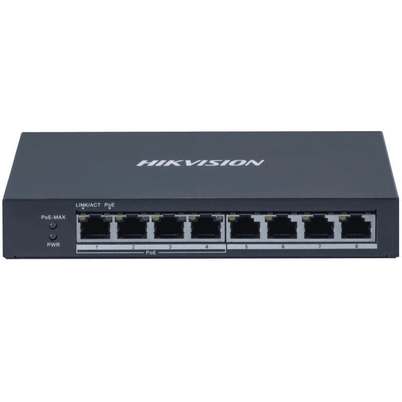 Switch PoE Hikvision DS-3E0508P-O: 4 × Gigabit PoE port, 4 × Gigabit RJ45 port, PoE: Ports 1 to 4 maxim 30W