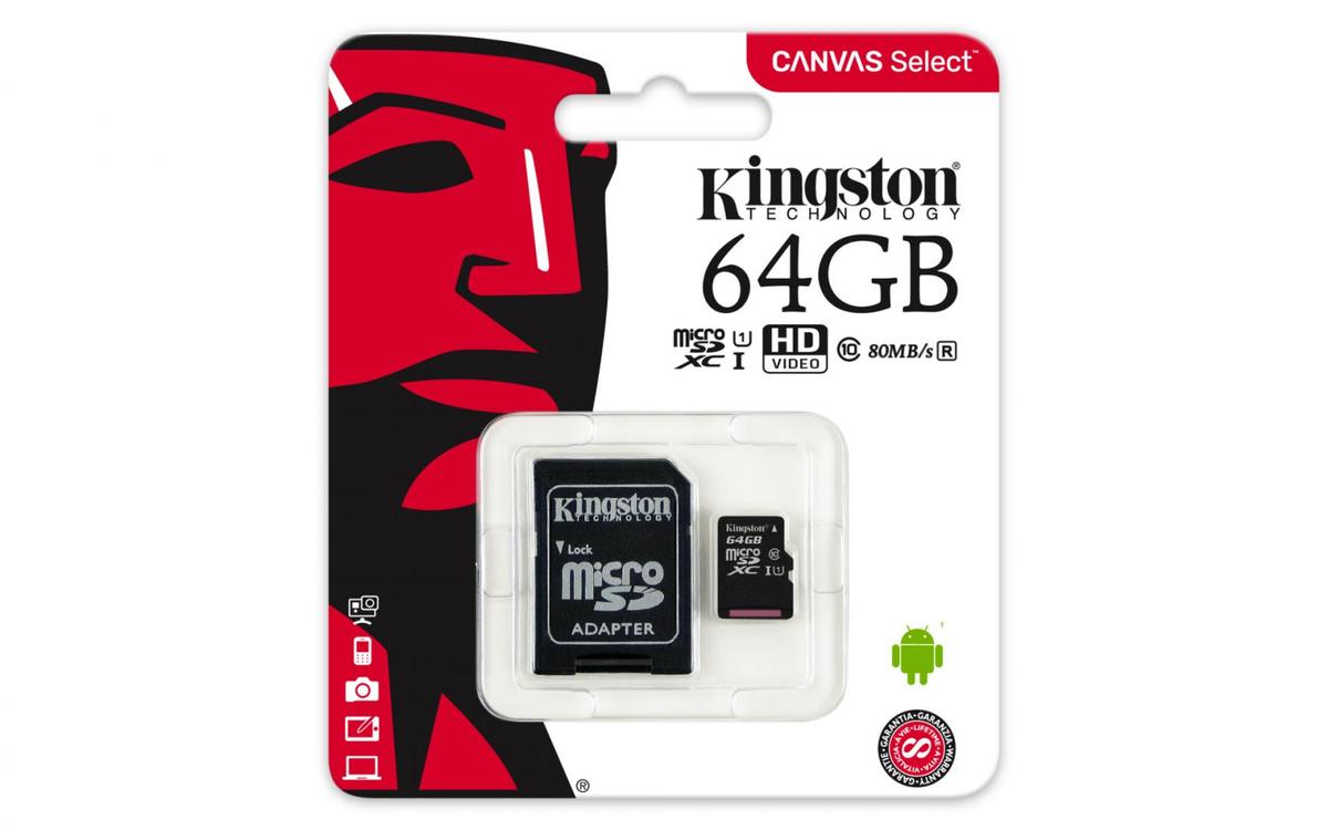 Card de Memorie MicroSDXC Kingston, 64GB, Canvas Select 80R, Clasa 10 UHS-I, R/W 80/10 MB/s, include adaptor SD