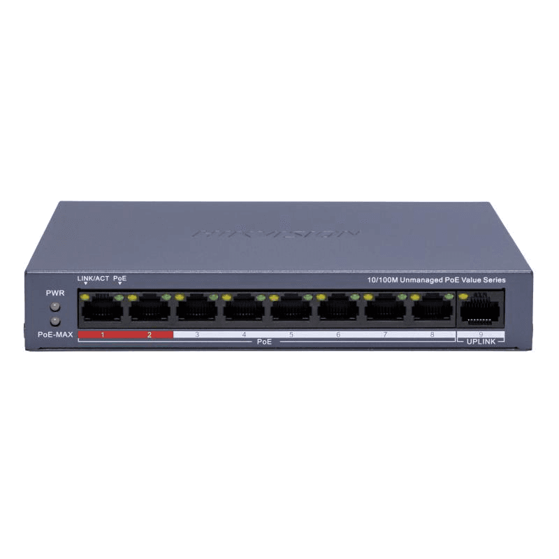 Switch POE 8 porturi Hikvision DS-3E0109P-E/M(C), fara management; 8 x 10/100 Mbps PoE port,1 × 10/100 Mbps RJ45 port