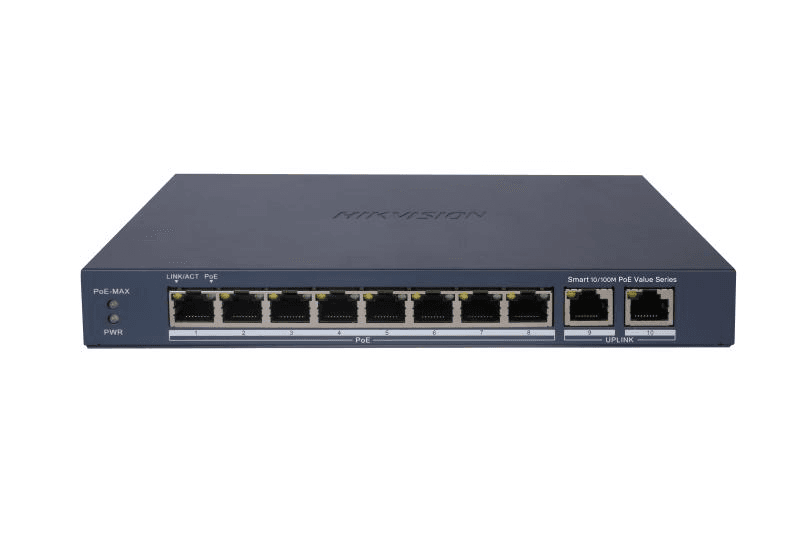 Switch PoE Hikvision DS-3E1310P-EI/M: 8 × 10/100 Mbps PoE ports,2 × Gigabit RJ45 port, 8 porturi PoE maxim 30W