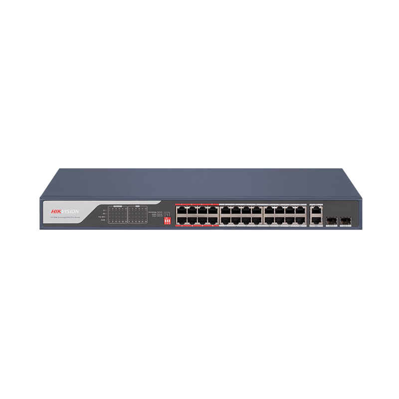 Switch PoE Hikvision DS-3E0326P-E(C): 24 x 10/100Mbps PoE port,2 × Gigabit combo, buget PoE 370 W