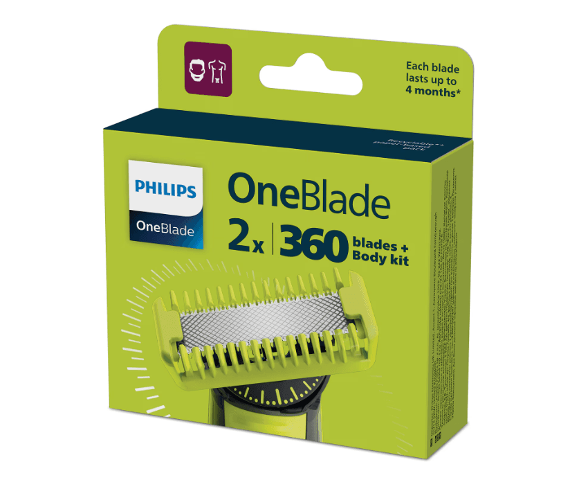 Rezerva OneBlade QP624/50, set fata si Corp: 2 lame 360 + 2 accesorii (pieptene pentru corp si accesoriu pentru