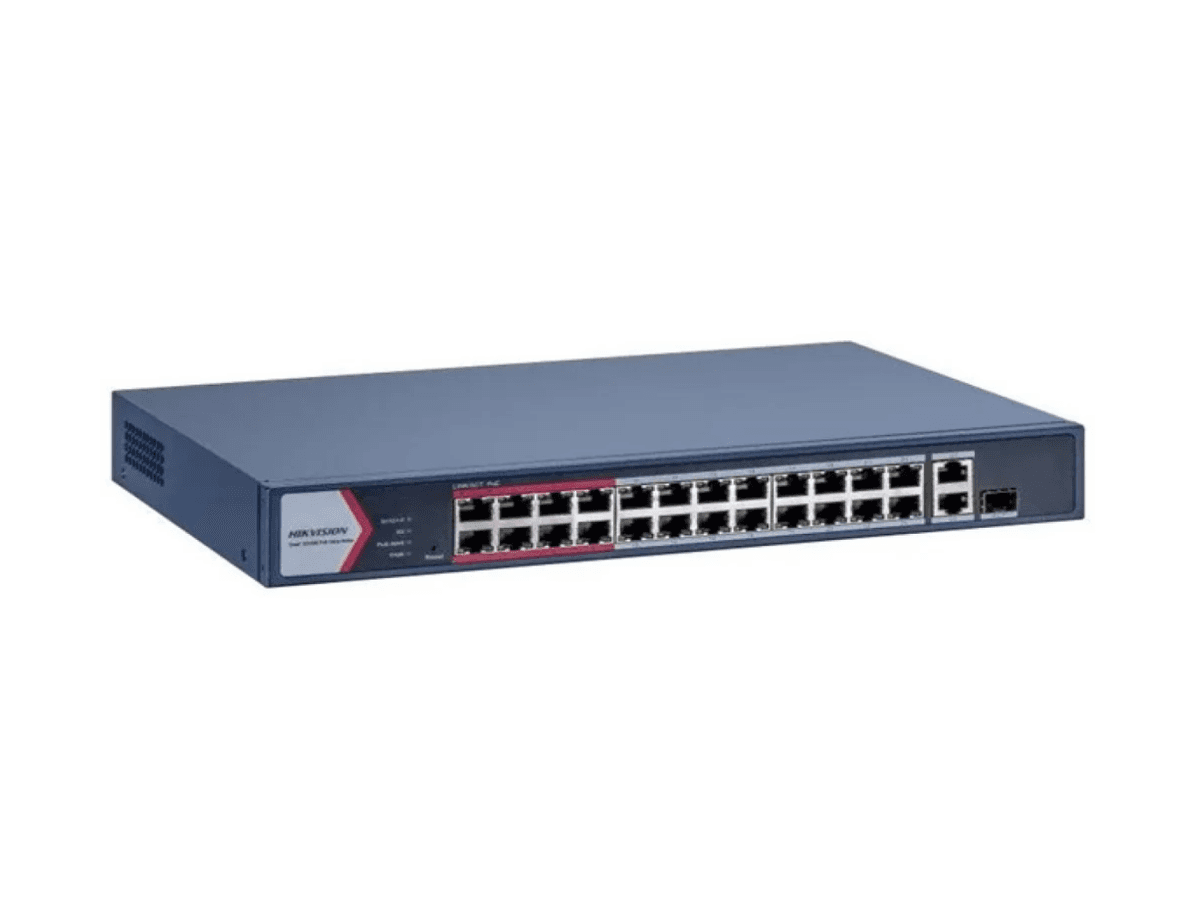 Switch PoE Hikvision DS-3E1326P-EI/M: 24 × 10/100 Mbps PoE port,1 × Gigabit combo,1 × Gigabit RJ45 port