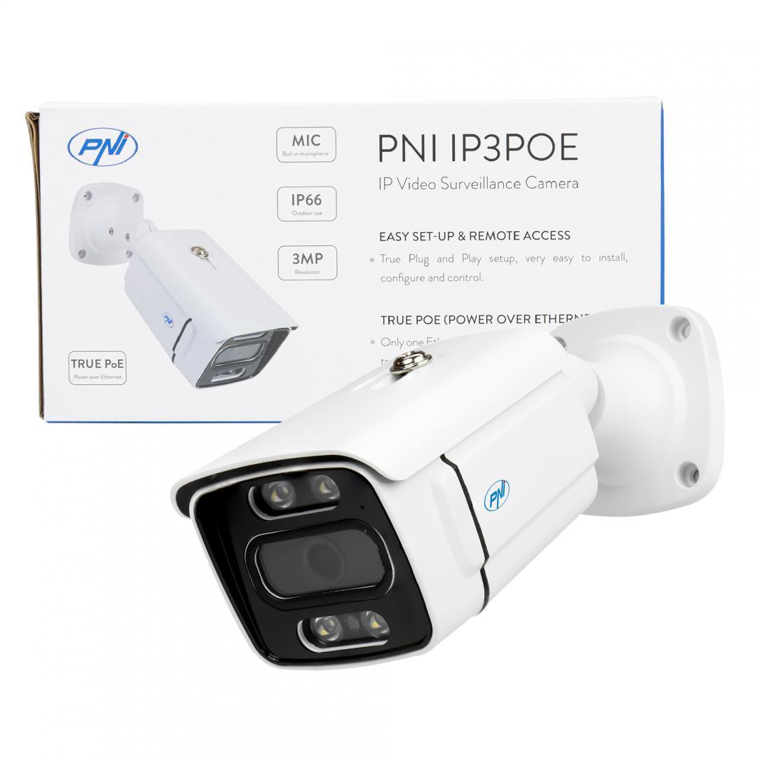 Camera supraveghere video PNI IP3POE cu IP, 3MP, de exterior IP66, microfon incorporat