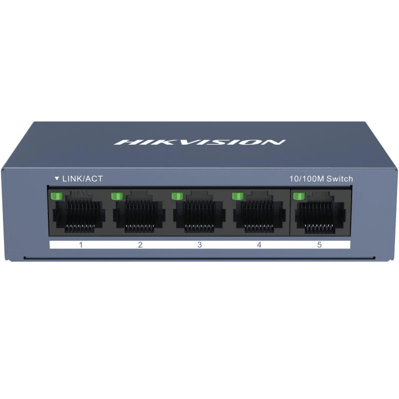 Switch Hikvision DS-3E0105-O: 5 × 10/100 Mbps RJ45 Port, tensiune alimentare 5 VDC, 1A.