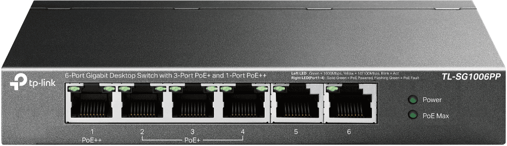 "6-Port Gigabit Desktop Switch with 3-Port PoE+ and 1-Port PoE++ PORT: 1× Gigabit PoE++ Port, 3× Gigabit PoE+ Ports