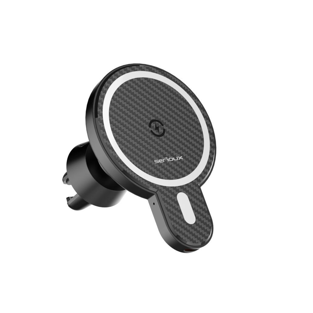 Suport Auto Telefon Serioux, cu incarcare Wireless 15W, compatibil MagSafe, prindere grila ventilatie