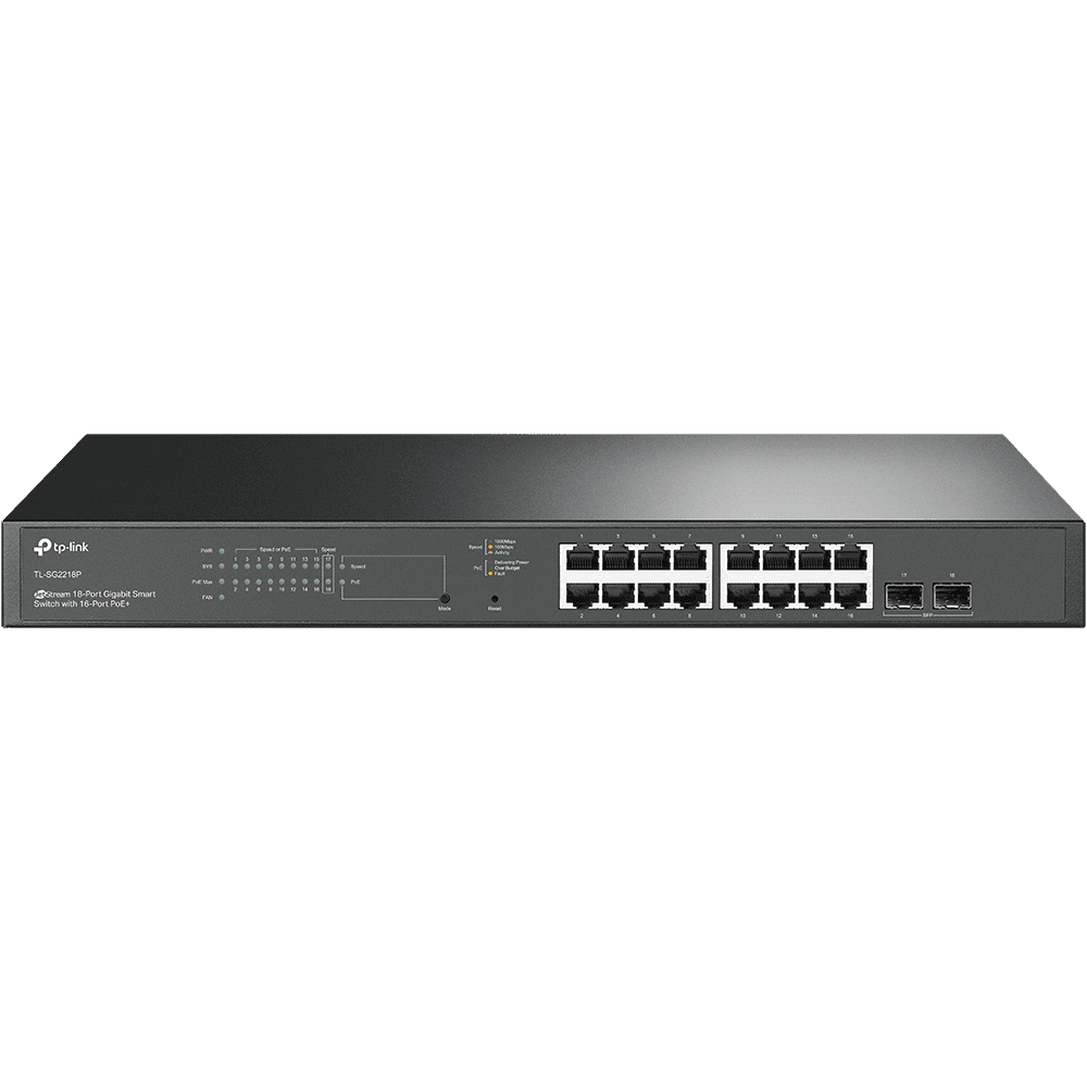 "JetStream™ 18-Port Gigabit Smart Switch with 16-Port PoE+ PORT: 16× Gigabit RJ45 Ports