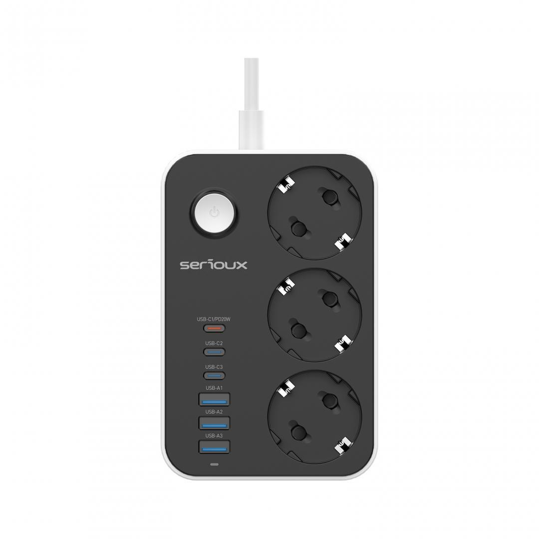 Prelungitor cu protectie Serioux SRXP-PS36B, 3 prize schuko Tensiune intrare: 100-240V
