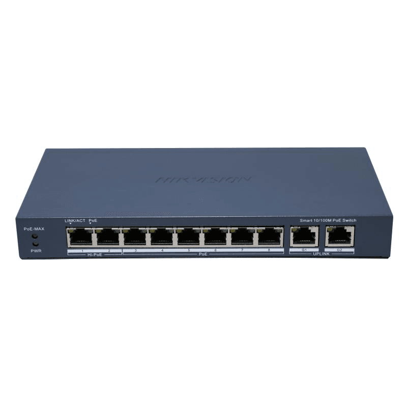 Switch PoE Hikvision DS-3E1310HP-EI(B): 8 x 10/100M PoE Ports, 2 x Gigabit Uplink Ports, 8 porturi PoE maxim 90W