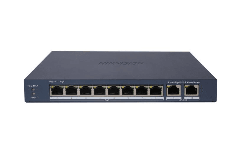 Switch 8 porturi Gigabit, Hikvision DS-3E1510P-EI/M, 8 × gigabit PoE ports, and 2 × Gigabit RJ45