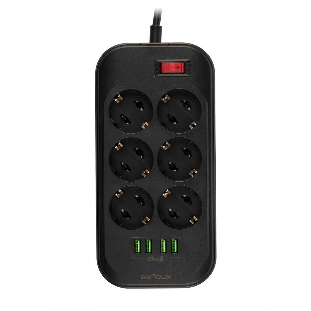 Prelungitor cu protectie Serioux, 6 prize schuko, input 100-240V, 50- 60Hz, output (Total): 2500W - 10A, 4 porturi USB