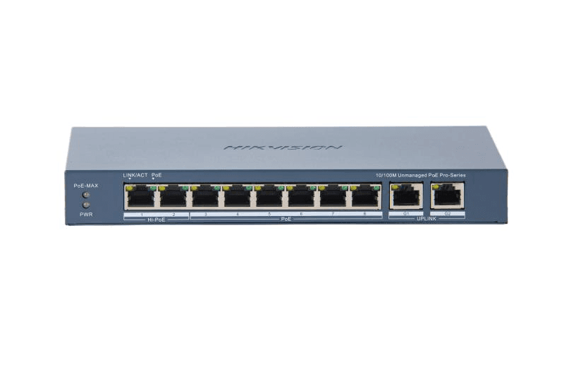 Switch PoE Hikvision DS-3E0310HP-E(C): 8 × 10/100 Mbps PoE port,2 × Gigabit RJ45 port, 16 porturi PoE maxim 30W