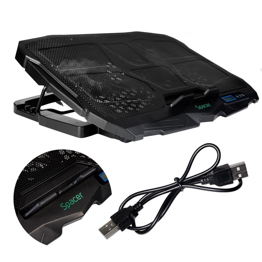 Stand Spacer notebook 17″ Gaming, sita metal, Airflow: 72CFM, 2xfan 12.5cm, 2xfan 7cm cu led albastru