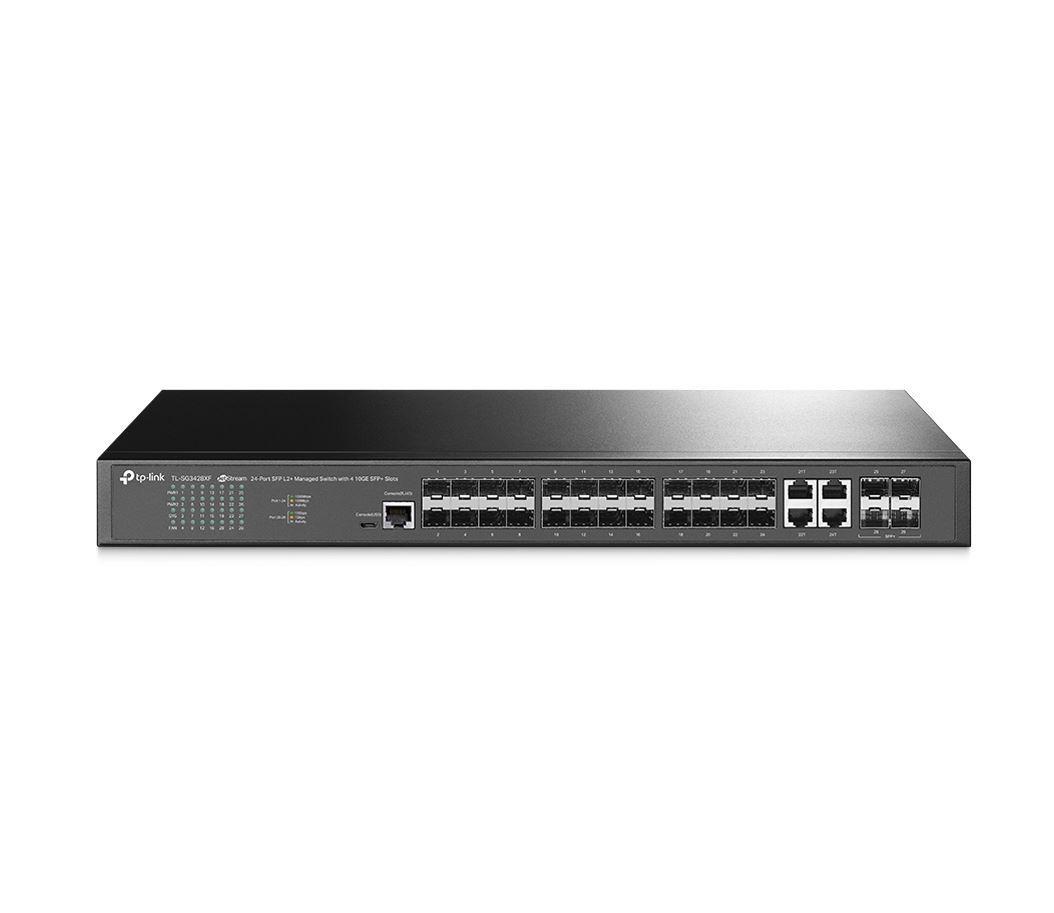 "JetStream™ 24-Port SFP L2+ Managed Switch with 4 10GE SFP+ Slots PORT: 20× Gigabit SFP Ports