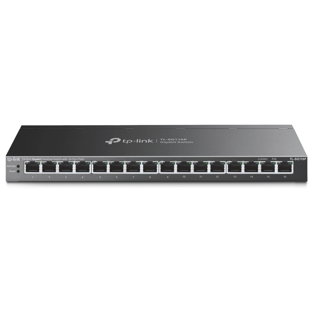 "16-Port Gigabit Desktop Switch with 16-Port PoE+ PORT: 16× Gigabit PoE+ Ports SPEC: 802.3at/af, 120 W PoE Power
