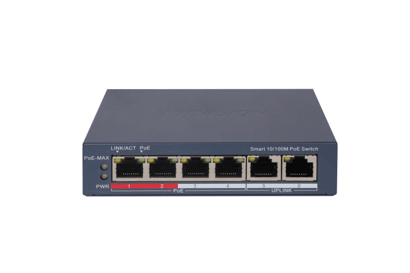 Switch PoE Hikvision DS-3E1106P-EI: 4 × 10/100 Mbps PoE port,2 × 10/100 Mbps RJ45 port, 4 porturi PoE maxim 30W