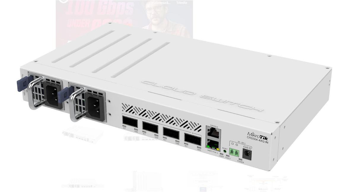 SWITCH MIKROTIK CRS504-4XQ-IN, 1 x 10/100Mbps, 4 x 100 QSFP28 , Procesor: 650 MHz, 64MB RAM, 16MB flash