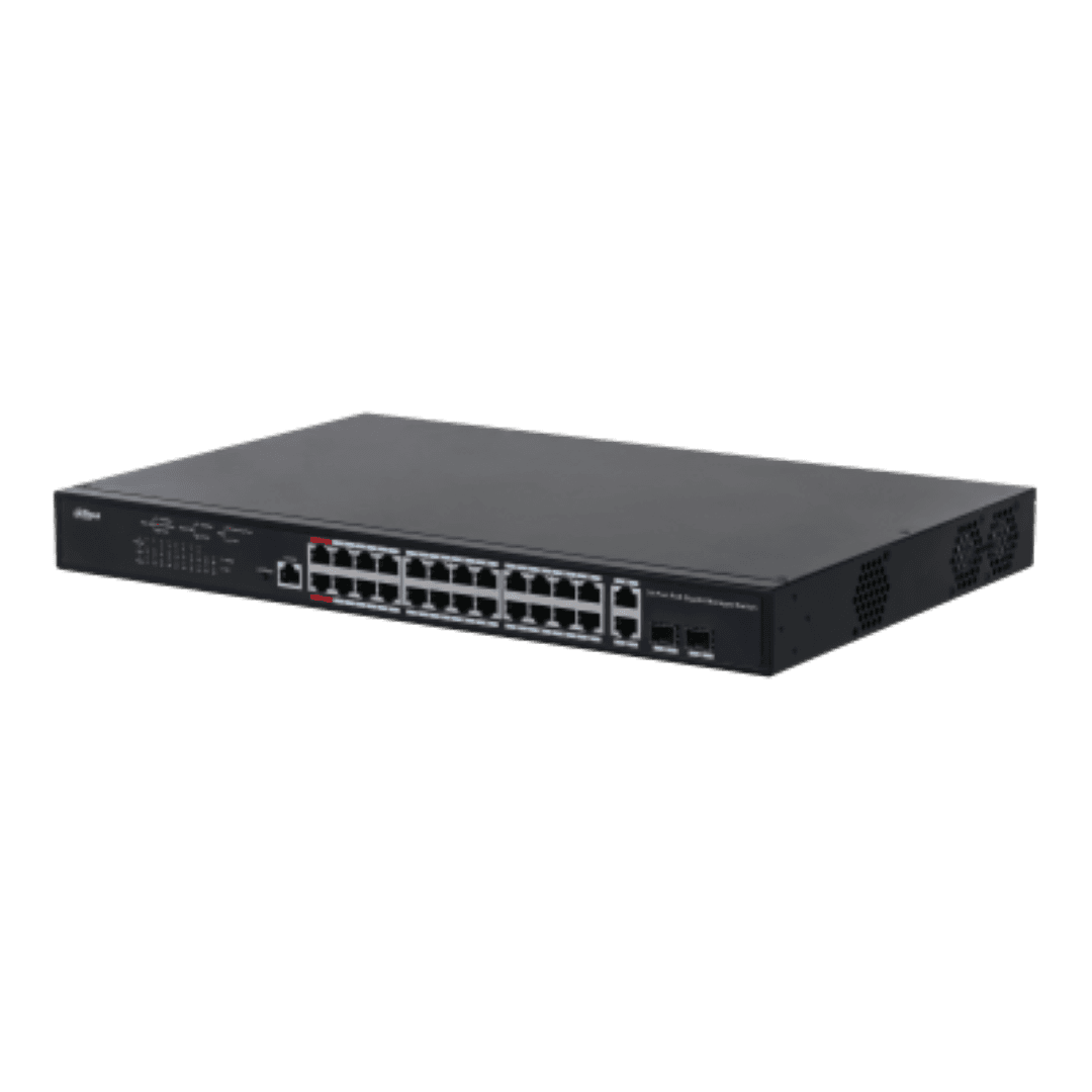 Dahua managed switch 26 porturi, 24 porturi POE, Interfata:24 x 10/100/1000 Mbps, 2 x 2 gigabit uplink combo ports