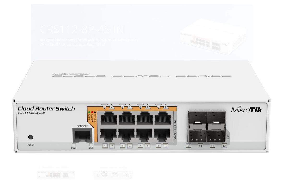 MikroTik Cloud Router Switch 112-8P-4S-IN with QCA8511 400Mhz CPU, 128MBRAM, 8xGigabit LAN with PoE-out, 4xSFP
