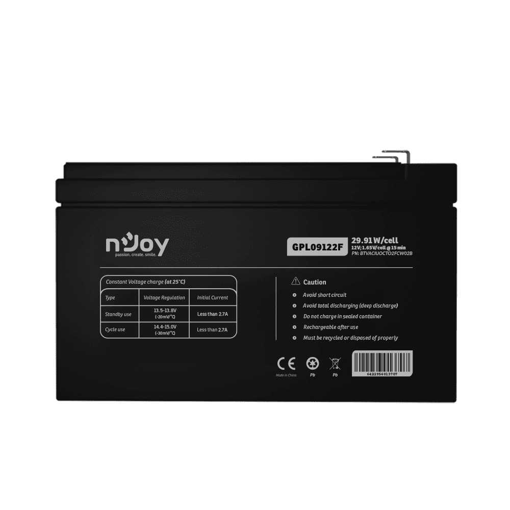 Acumulator nJoy GPL09122F 12V 30.55W/cell, Capacitate 30.55W/cell evaluat la 1,65V/cell@15 min, Tensiune 12V
