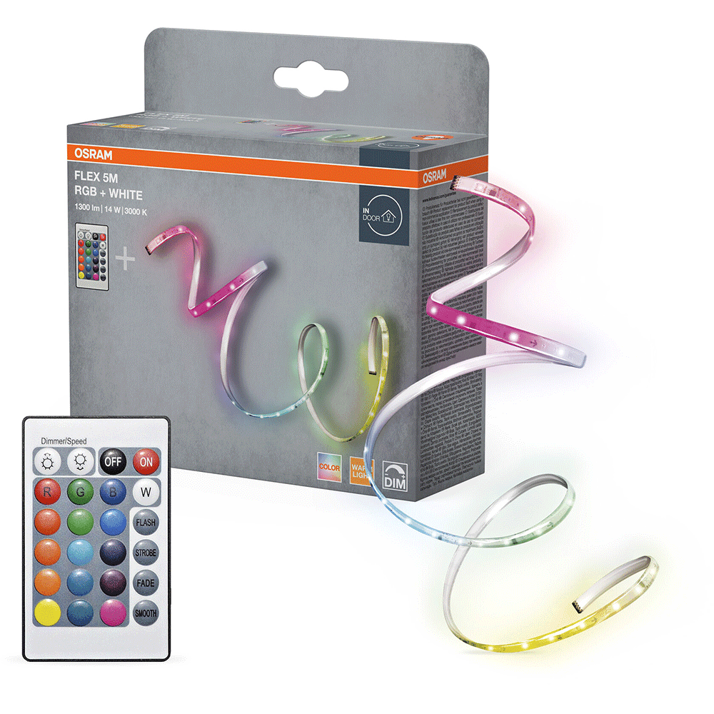 Kit Banda LED RGB Osram FLEX cu Telecomanda, 14W, 220-240V, 1300 lm, lumina alba si color (3000K), dimabila, IP20