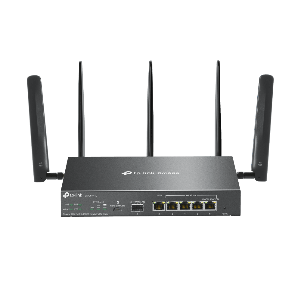 "Omada 4G+ Cat6 AX3000 Gigabit VPN Router PORT: 1× Gigabit SFP WAN/LAN Port, 1× Gigabit RJ45 WAN Port