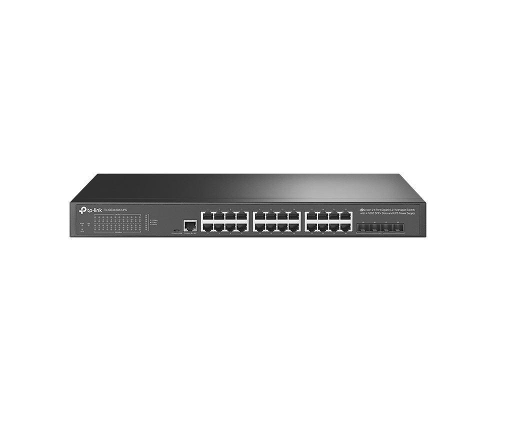 "JetStream™ 24-Port Gigabit L2+ Managed Switch with 4 10GE SFP+ Slots and UPS Power Supply PORT: 24× Gigabit RJ45 Ports