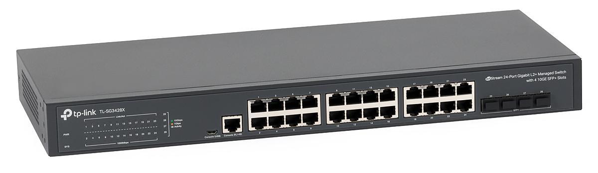 "JetStream™ 24-Port Gigabit L2+ Managed Switch with 4 10GE SFP+ Slots PORT: 24× Gigabit RJ45 Ports, 4× 10G SFP+ Slots
