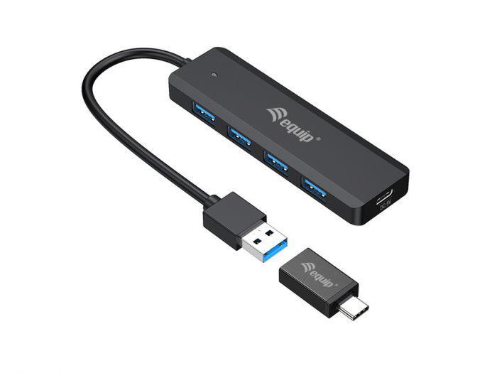 Hub USB EQUIP 4-Port USB 3.2 Gen 1 Hub with USB-C Adapter, USB-A, 5 porturi, Negru
