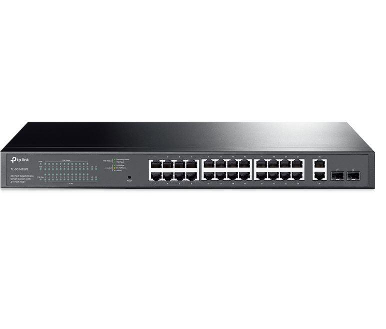 "28-Port Gigabit Easy Smart Switch with 24-Port PoE+ PORT: 24× Gigabit PoE+ Ports, 2× Gigabit Non-PoE Ports