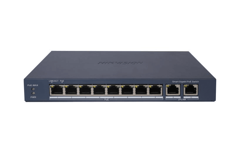 Switch PoE Hikvision DS-3E1510P-EI: 8 × Gigabit PoE port, 2 × Gigabit RJ45 port maxim 30W, buget PoE 110W