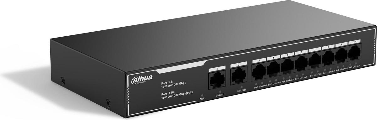DAHUA 10-Port Economical Gigabit PoE Switch with 8-Port PoE, Port 1-2:2 × RJ-45 10/100/1000Mbps(Uplink)