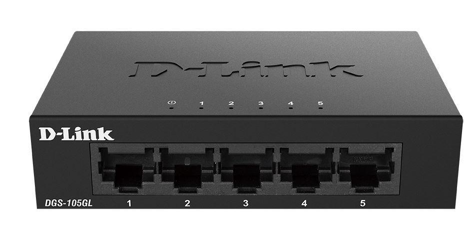 D-Link Switch DGS-105GL, 5 porturi Gigabit, Capacity 10Gbps, desktop, faramanagement, metal, negru, fara ventilator