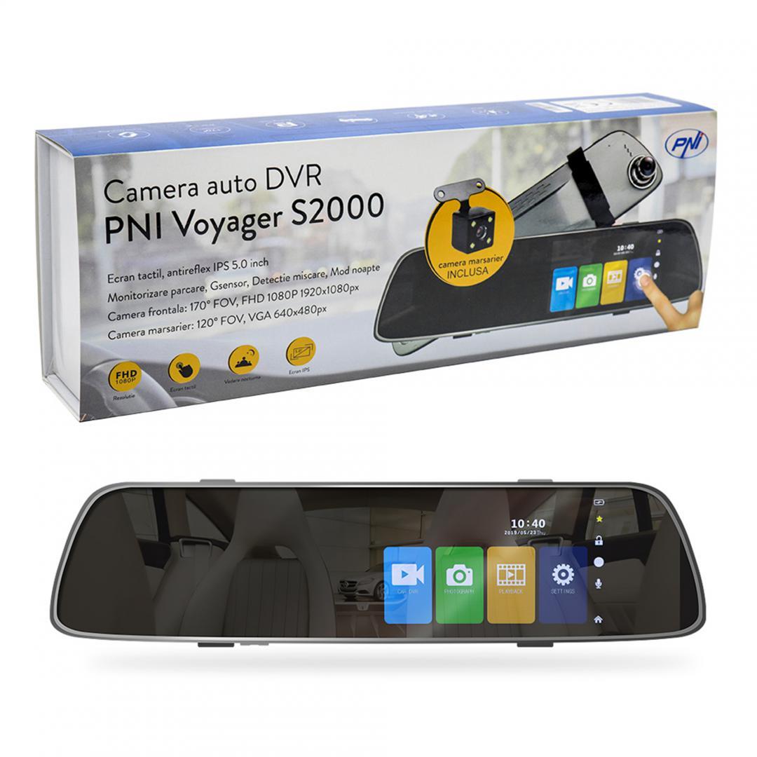 Camera auto DVR PNI Voyager S2000 Full HD incorporata in oglinda retrovizoare 1080P 170 grade, 5 inch, touchscreen IPS