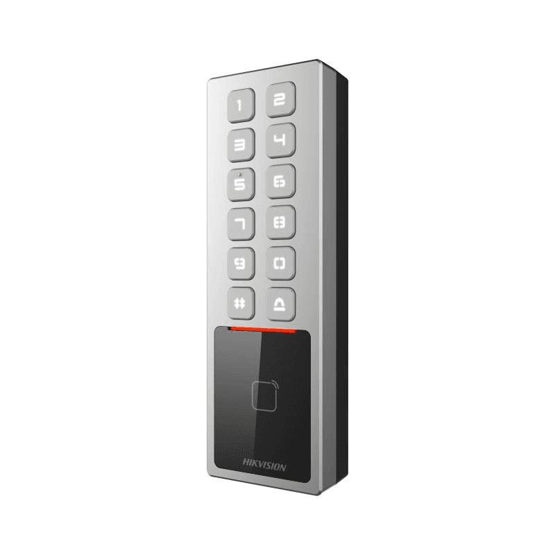 Cititor de proximitate cu tastatura Hikvision DS-K1T805MBWX, M1 card, RS-485 and Wiegand (W26, W34), network interface