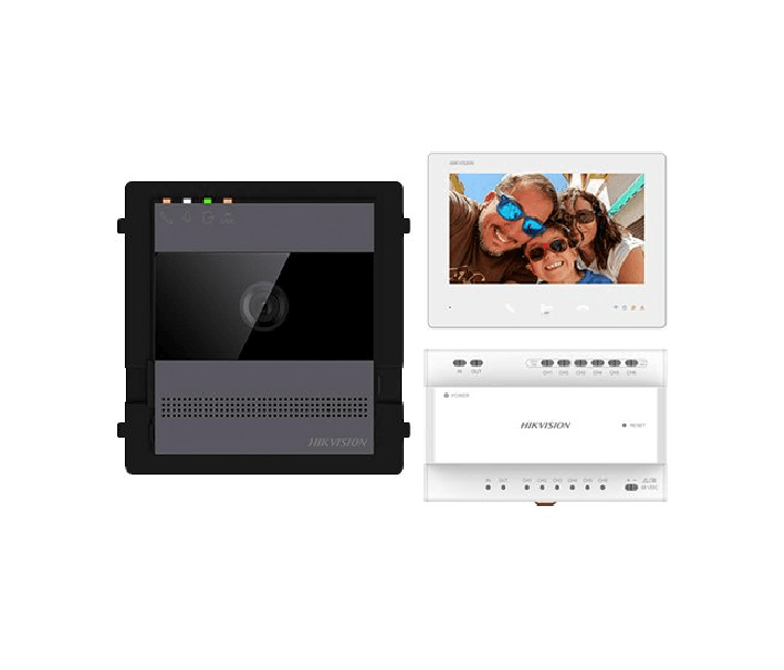 Kit videointercom IP Hikvision DS-KIS704EY/AL; kit-ul contine: 1x DS- KH7300EY-WTE2/WH, 1x DS-KD-ACW1
