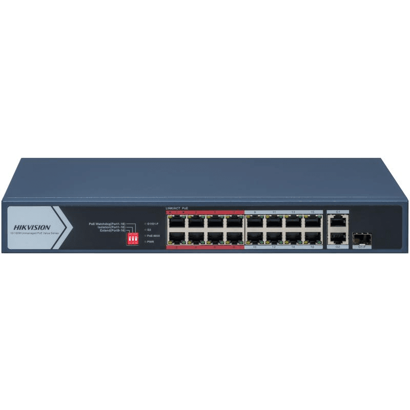 Switch PoE Hikvision DS-3E0318P-E/M(C): 16 × 10/100 Mbps PoE port,1× Gigabit RJ45 port,1 × Gigabit combo